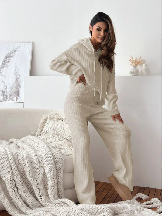 Solid Color Hooded Knitted Lounge Set for Women – Autumn Winter Two-Piece Outfit